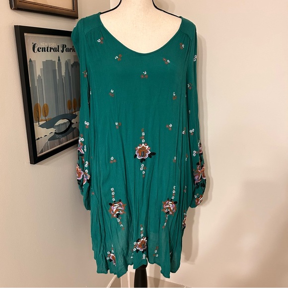 Free People Teal Floral Embroidered Long Sleeve Dress SZ S - Picture 1 of 5